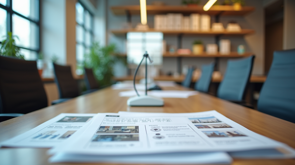 Eye-level view of a modern office workspace with marketing materials