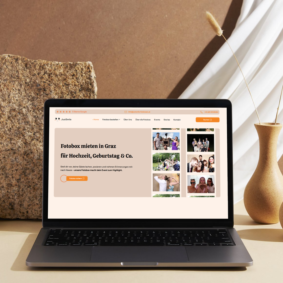 Screenshot der JustSmile Website für Fotobox-Vermietung in Graz, professionell entwickelt von Grazer Webdesign-Experten