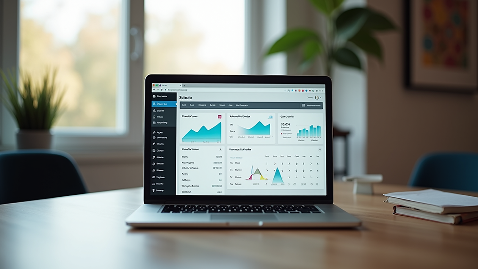 Eye-level view of a modern office workspace with a laptop displaying a WordPress dashboard