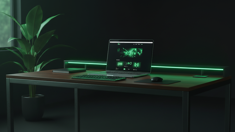 Eye-level view of a modern office desk with a laptop showing a website layout