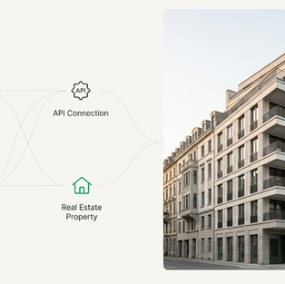 Infografik zur Lead-Generierung für Immobilienmakler: Automatisierter Datenfluss von der API-Schnittstelle über die KI-Verarbeitung bis in die CRM-Datenbank neben einer modernen Wohnimmobilie.
