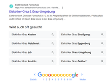 Google-Suchergebnis für "Elektriker Graz & Graz-Umgebung" mit alternativen Suchvorschlägen wie Kosten und Notdienst. Buntes Google-Logo. Schlechtes Ranking bevor es SEO optimiert wurde von Kalena Designs