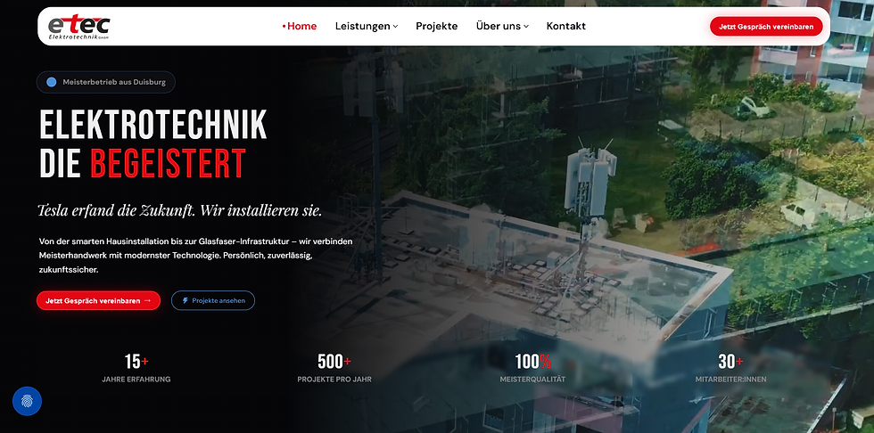 Werbebanner für Elektrotechnik-Firma, Text „ELEKTROTECHNIK DIE BEGEISTERT“, Hintergrund mit grünem Stadtbild, Motiv zu Innovation und Qualität. Ein Prohekt von Kalena Designs die Webagentur aus Graz in der Steiermark