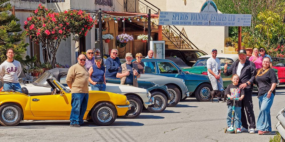 Classic cars and CHM members outside Classic Heritage Motors Pissouri clubhouse