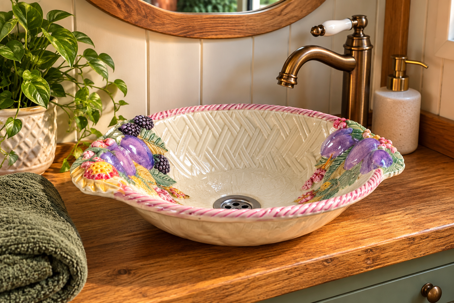 Orchard Harvest ceramic vessel sink with raised fruit detail in a rustic bathroom setting.