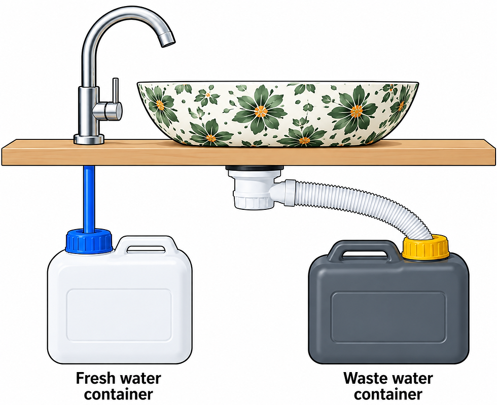 Simple campervan sink plumbing with fresh and waste water containers under a floral bowl sink