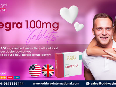 Lovegra 100 mg tablet packaging by Oddway International used for women’s sexual health support and sildenafil citrate-based treatment.