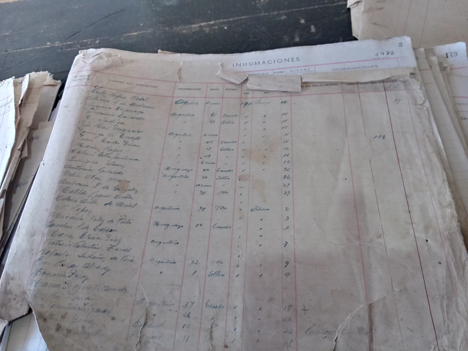 Libro histórico de registros de inhumaciones