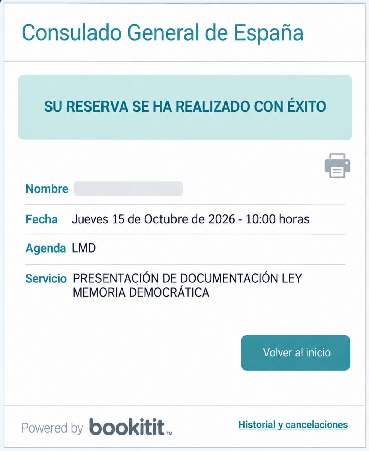 Confirmación de reserva de turno consular con nombre oculto