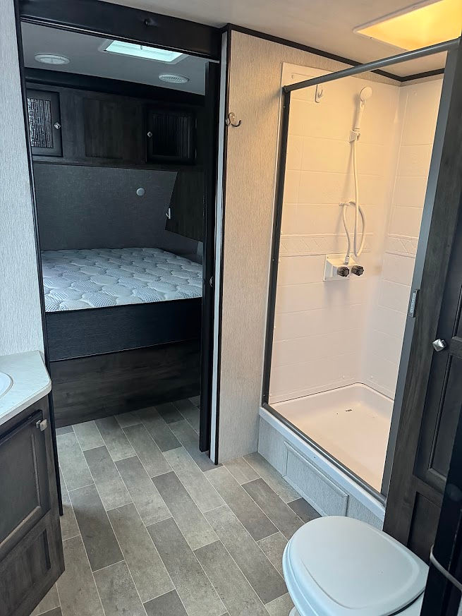 2019 Heartland Mallard interior with bunk beds and bathroom