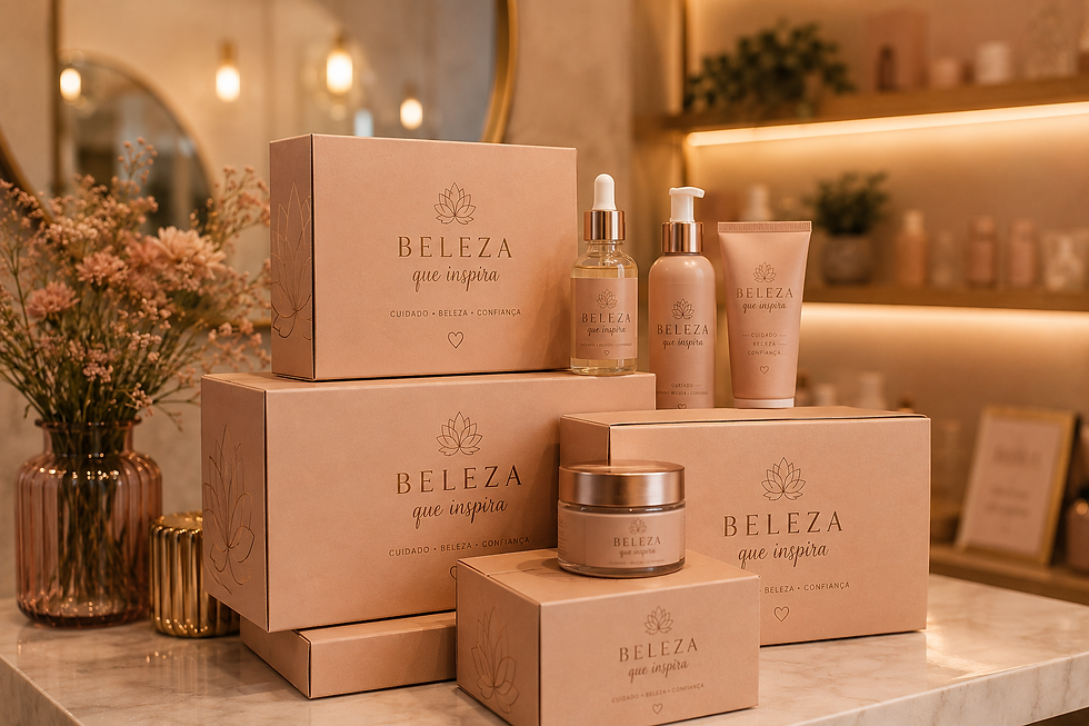 Vista lateral de caixas personalizadas empilhadas com produtos de beleza