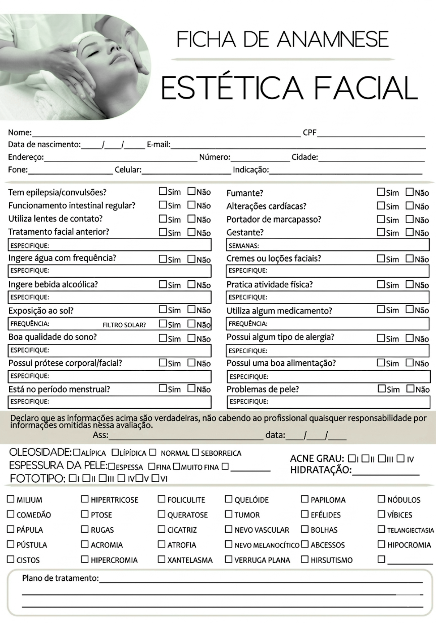 Ficha de Anamnese Estética Personalizada Protocolo de Atendimento