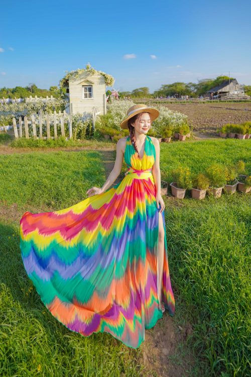 Đầm maxi phối màu cổ chữ V chéo lưng