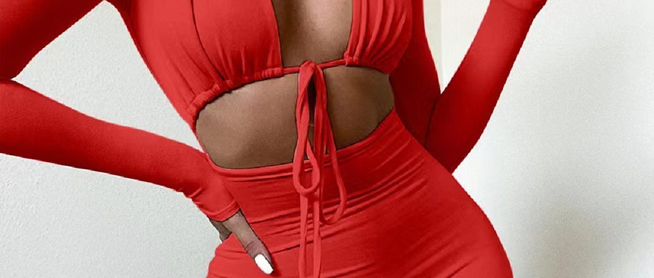 Women's New Solid Color Sexy Navel Lace-up Hollow Long Sleeve Slim-fit Pan