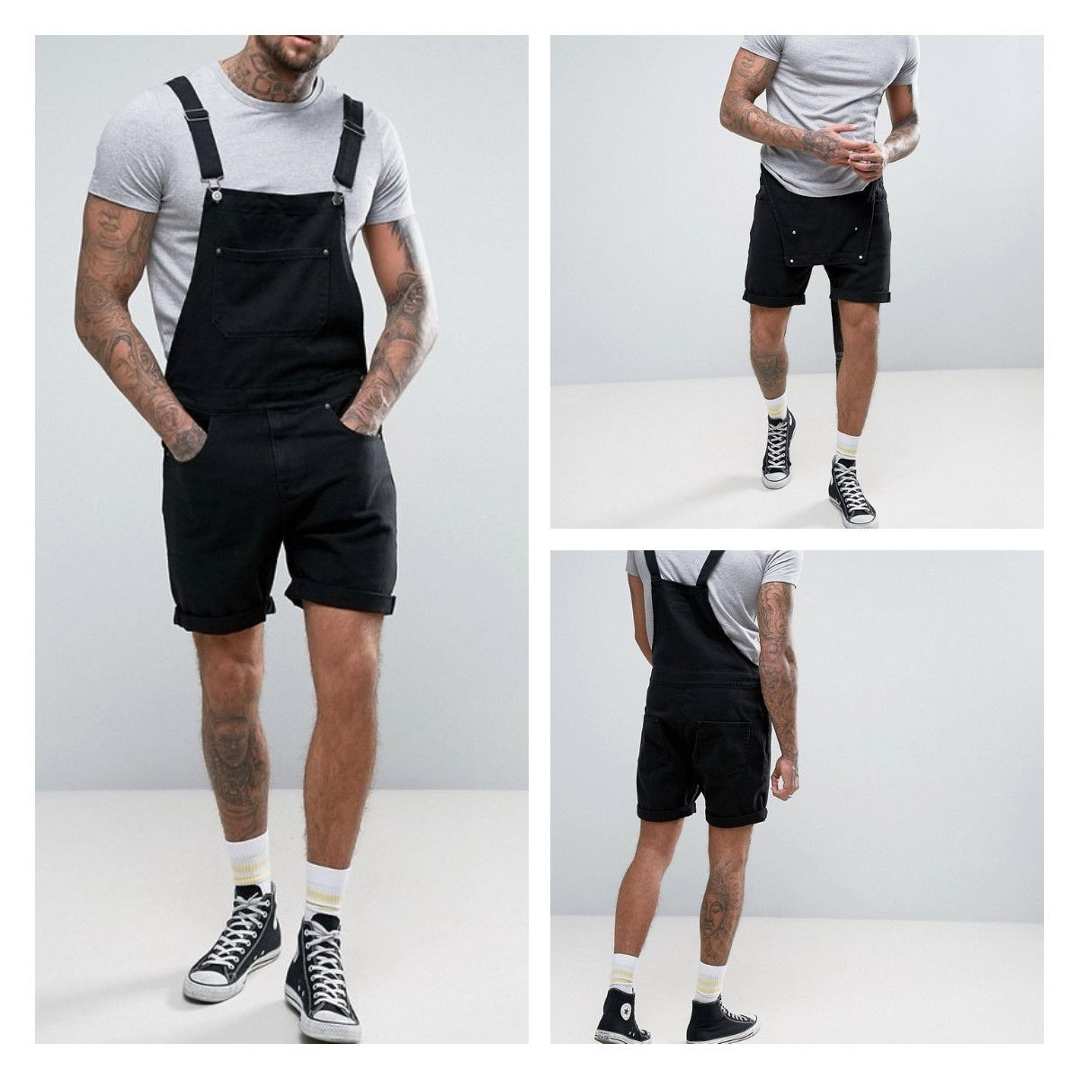 Wish Vintage Men's Denim White Black Loop-Side Shorts One-Piece Workwear S