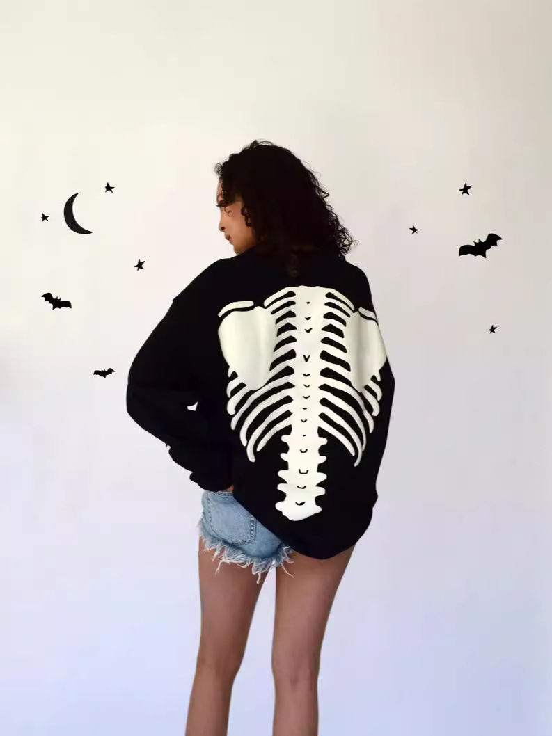 Thumbnail: Polyester High Street Hip Hop Oversize Bone Skull Diablo Retro Long Sleeve Roun