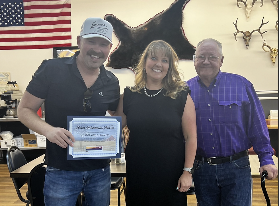 Senator Gayle Lammers accepts his Silver Windmill Award for his work in the 2025 Legislative Session from Montana Farm Bureau’s Senior Director of Governmental Affairs Nicole Rolf and Big Horn County Farm Bureau President John Stevens.
