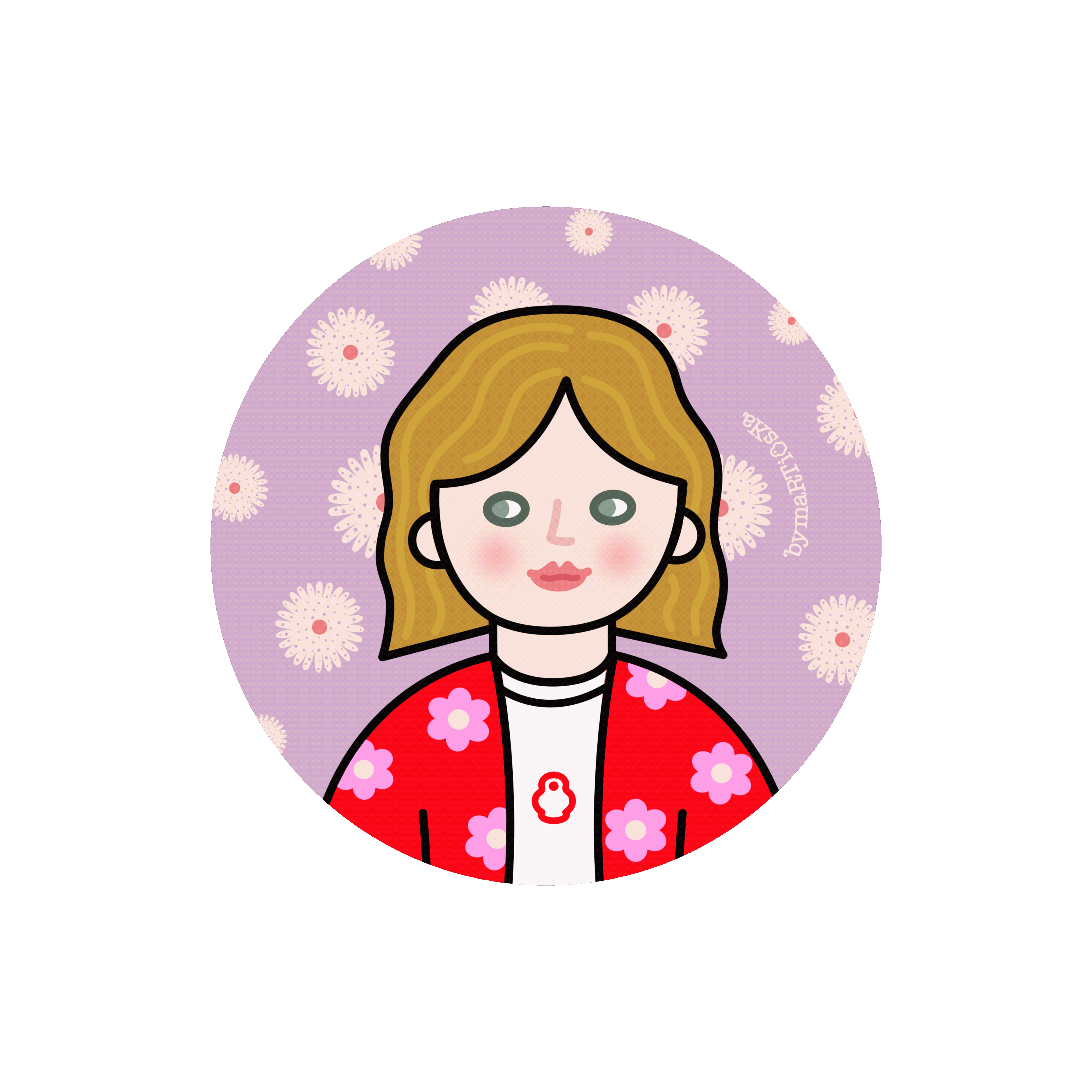 Portrait animé stylisé et enfantin de Marta, illustratrice bymartioska ; elle bouge les yeux à droite et à gauche, et des fle