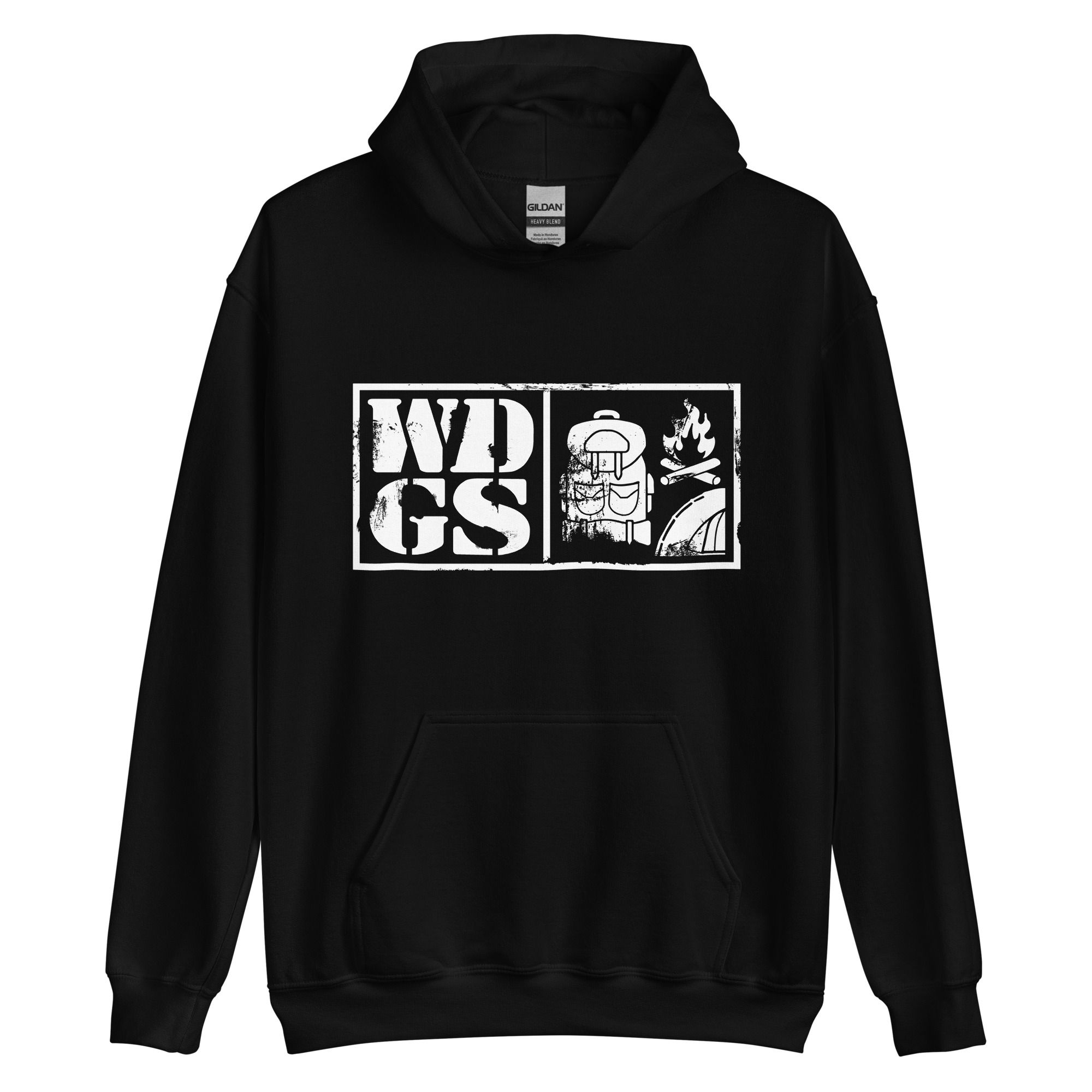 Unisex Hoodie Camping, Front and back print, slogan down spine of back