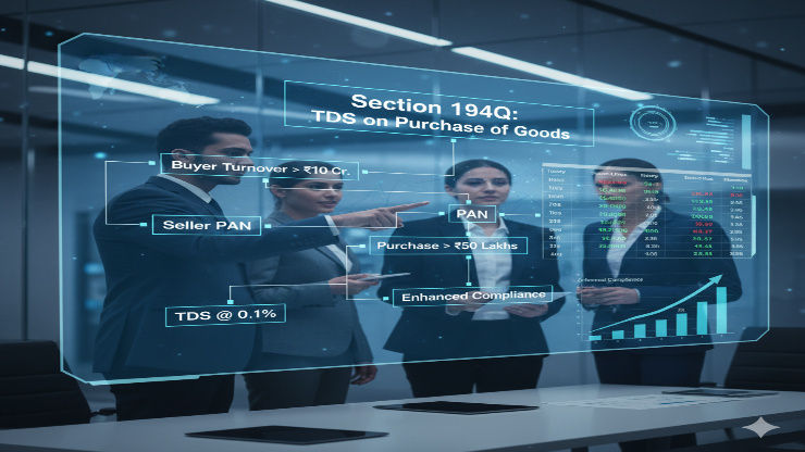         Business professionals analyzing tax compliance under Section 194Q, focusing on TDS requirements for purchases exceeding specified thresholds, as part of strategic financial planning.