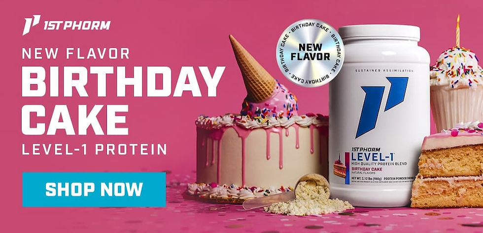 Experience effective recovery with 1st Phorm's new Birthday Cake Level-1 Protein, ideal for post-workout muscle rejuvenation.