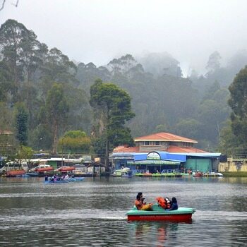 a cottage on the bank of lake surrounded by  forest