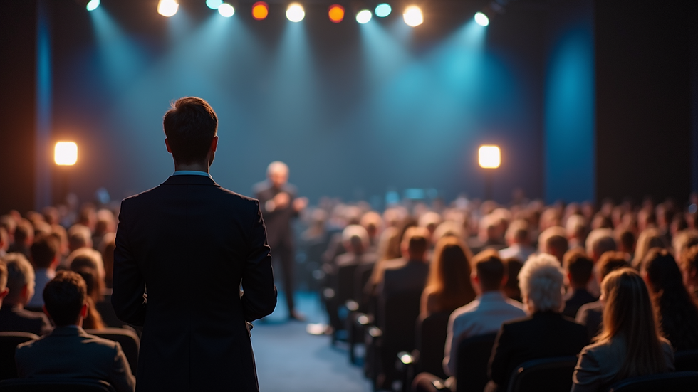 Close-up view of a speaker engaging with an audience at a conference
