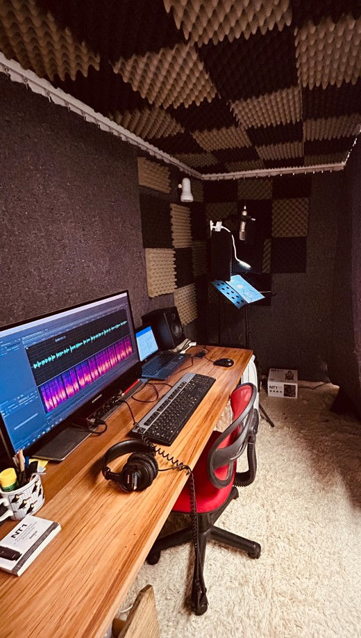 Eye-level view of a microphone setup in a professional recording studio