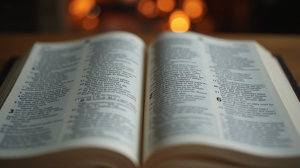 Eye-level view of an open Bible with highlighted passages