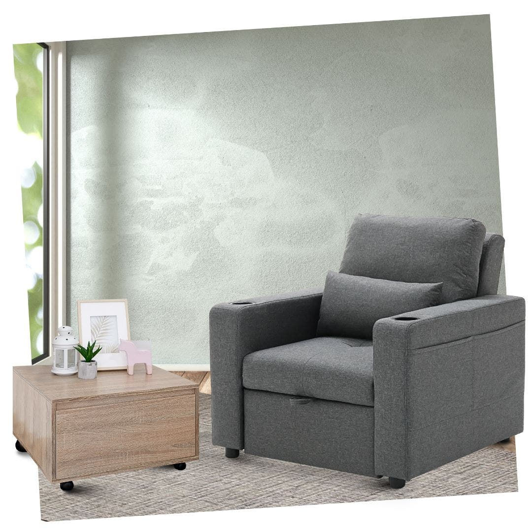 โซฟาปรับนอน รุ่น REETAH ผ้าสีเทา & โต๊ะกลางล้อเลื่อน รุ่น ROLLY สีโซลิดโอ๊ค