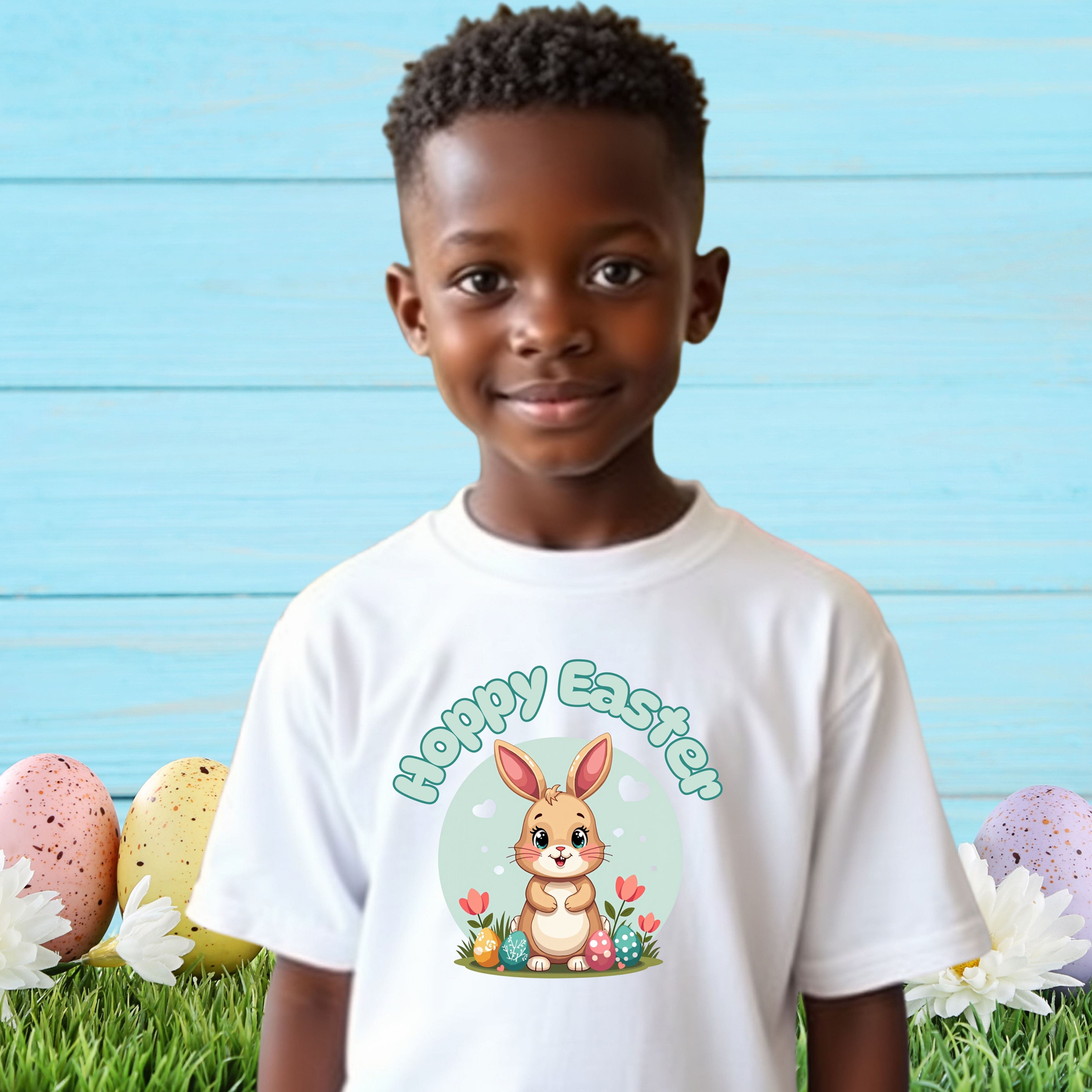 little boy wearing a white tshirt with a graphic that says Hoppy Easter with an Easter bunny