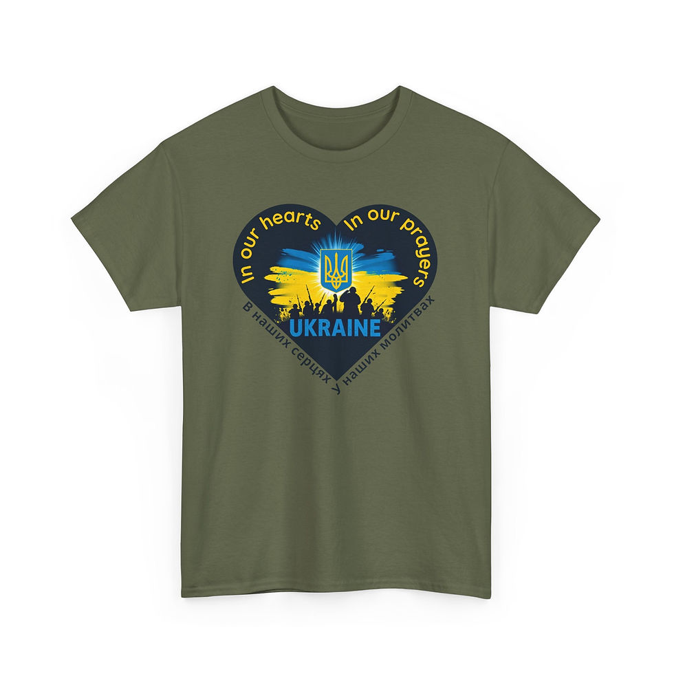 Thumbnail: an army green coloured t-shirt in support of Ukraine - In our hearts, in our prayers.