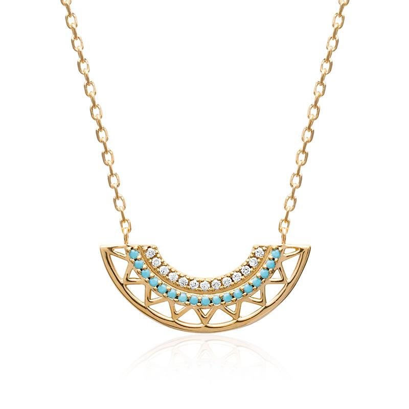 Miniature : collier ciselée géométrique brillant et turquoise synthétique Yhi Of Light or 18K bijou inspiré civilisation pour femme