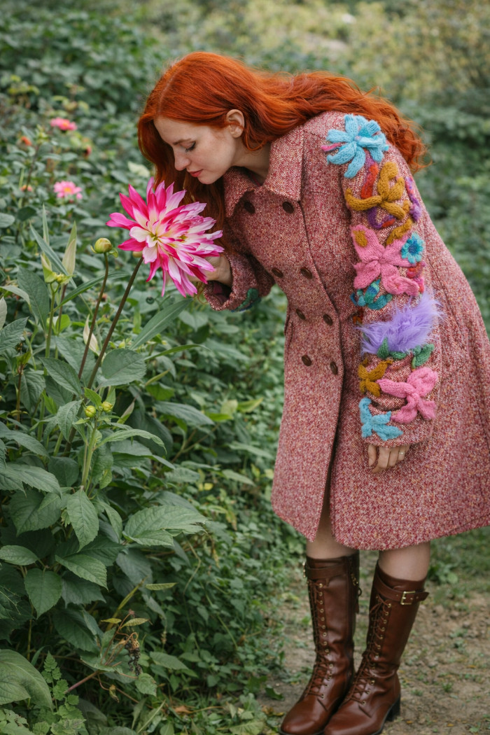 Thumbnail: Close view of hand-knitted three-dimensional floral sculptures on the sleeve of a DURGA upcycled wearable art coat