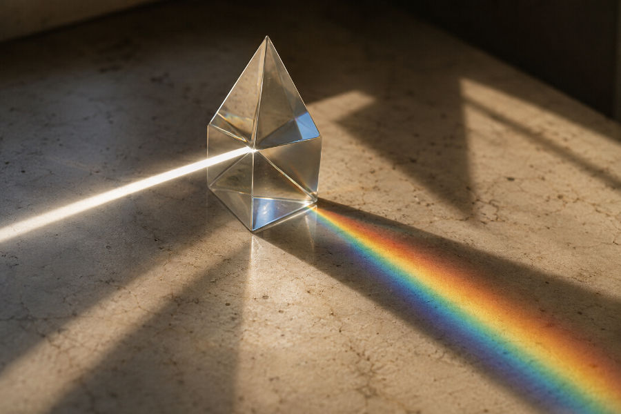 Clear glass prism on a stone surface with a beam of light creating a rainbow spectrum, symbolising how perception can shift while the source remains the same