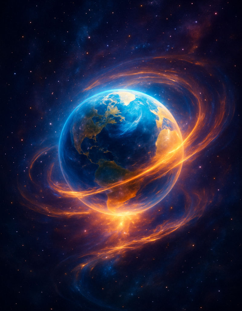 Single glowing Earth with swirling light energy in a cosmic landscape, representing the New Earth frequency of unity