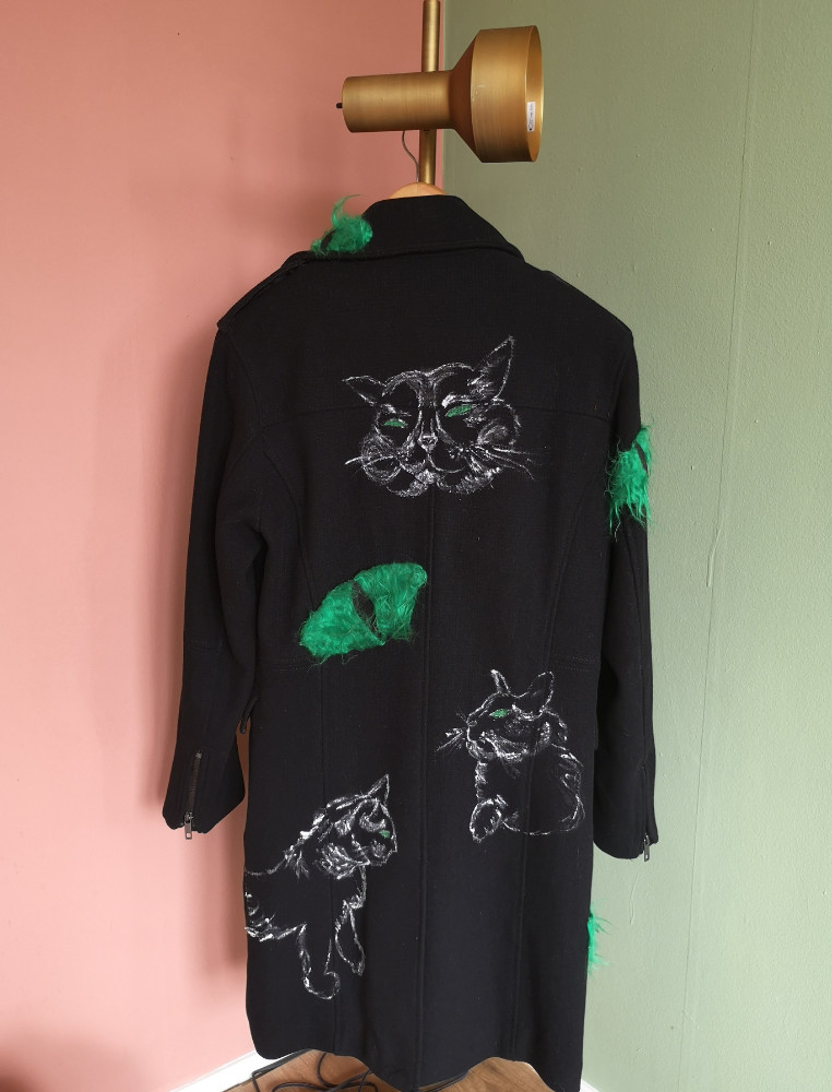 Thumbnail: Back view of DURGA one-of-a-kind wearable art coat with hand-painted motifs and upcycled faux fur cat eyes