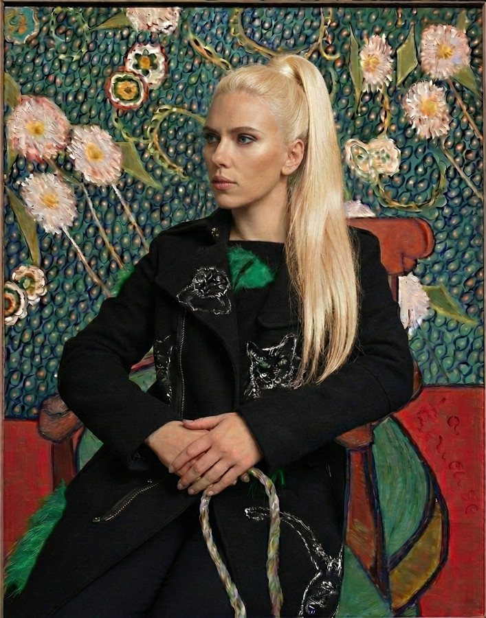 Detailed view of "The Witness" wearable art coat by Dorit, showing hand-painted feline motifs set against Van Gogh background
