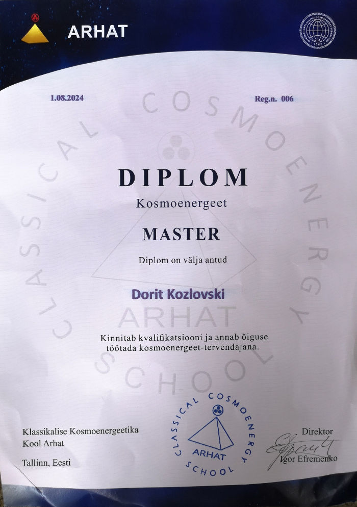 Cosmoenergy Master diploma for Dorit Kozlovski from Classical Cosmoenergy School Arhat, confirming certified Classic Cosmoenergy Master healer (ICCF)