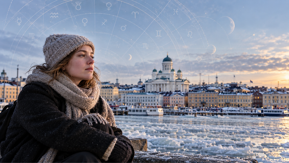 Young woman by the Helsinki waterfront in winter with a subtle Vedic astrology sky overlay, reflecting rising mental distress and the search for balance.