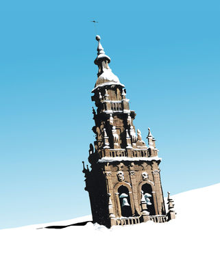 Dibujo digitalizado de la catedral de santiago enterrada en nieve.