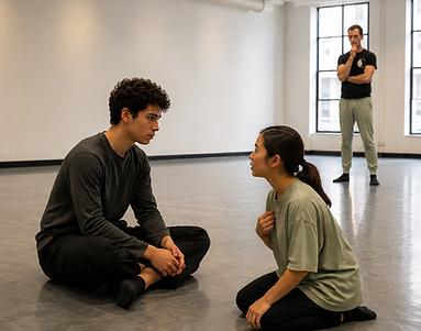 Robin coaching two students in a studio
