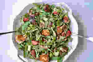 Grilled Peach and Fried Goat Cheese Salad with Apple Cider Cumin Vinaigrette