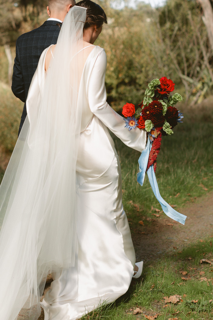 modern floaty red blue and green bridal bouquet the hunting lodge wedding Auckland 
