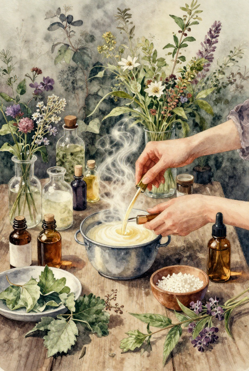 Person rührt in dampfendem Topf mit Kräutern und Flaschen drumherum auf Holztisch. Hintergrund voller Blumen und Blätter.