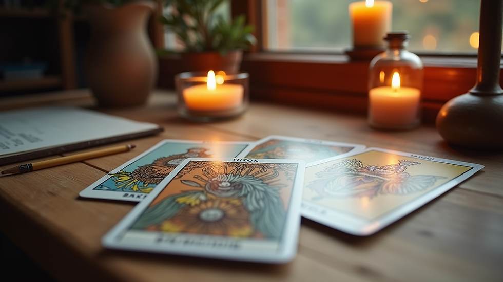 Eye-level view of a cozy home workspace with tarot cards laid out