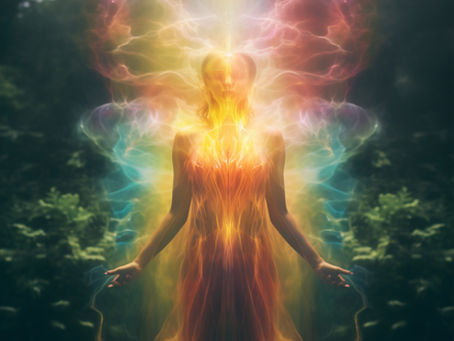 Frauenhafte Gestalt die umgeben und durchstörmt von bunten Lichtern ist, mit einem Wald als Hintergrund. Repräsentiert die Aura eines Menschen.
