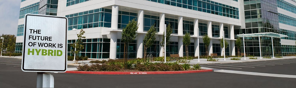 Office Building with Hybrid Work sign