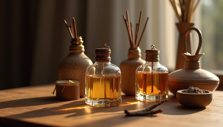 Közelkép arab parfümös üvegcsékről és füstölőről