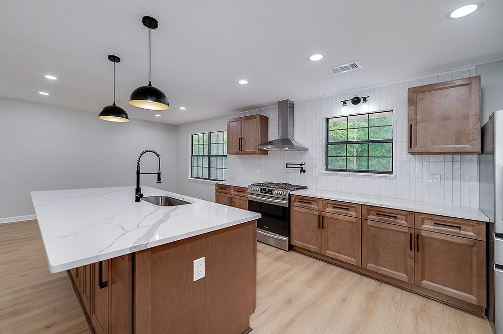Modern kitchen remodel: island, wood cabinets, quartz countertops